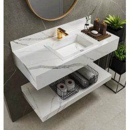 Bancada em Porcelanato para Banheiro  Completa Alto Padrão  100cm Com Cuba Esculpida Branco - 1