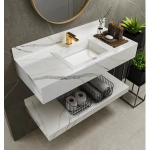 Bancada em Porcelanato para Banheiro  Completa Alto Padrão  100cm Com Cuba Esculpida Branco