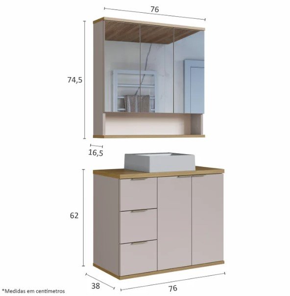 Conjunto de Banheiro Completo com Gabinete, Cuba e Espelheira 76cm York - 11