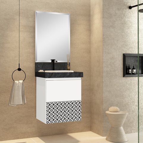 Lavatório de Porcelanato para Banheiro com Cuba Embutida Gabinete e Espelheira 