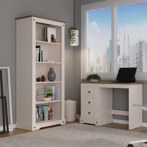 Conjunto 2 Peças com Escrivaninha com Tampo em Madeira Maciça e Estante Alta 182x81cm Smile Creme Carvalho