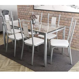 Conjunto Sala de Jantar Mesa Tampo de Vidro Retangular Reno e 6 Cadeiras Florença Crome - 1