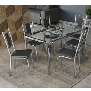 Conjunto Sala de Jantar Mesa Tampo de Vidro Retangular Reno e 6 Cadeiras Florença Crome