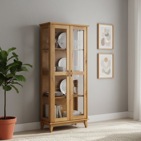 Cristaleira 2 Portas Vidro Madeira Maciça Carvalho 81cm Bella