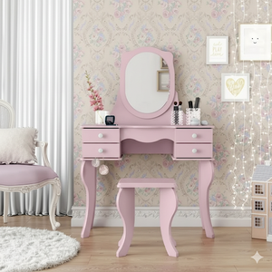 Penteadeira Camarim Princesa com Espelho e Banqueta Retro Rosa Patrimar