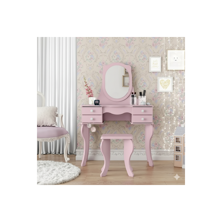 Penteadeira Camarim Princesa com Espelho e Banqueta Retro Rosa Patrimar